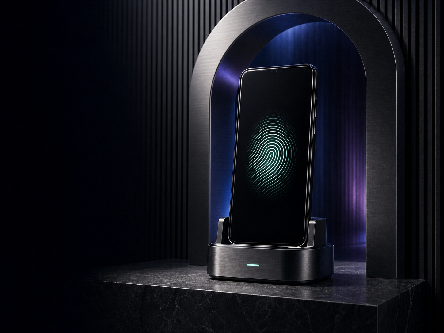 A black smartphone in a brushed-metal security dock displaying biometric verification